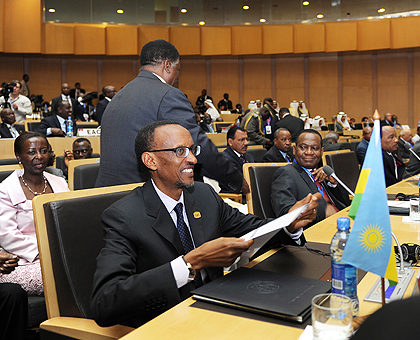 President Paul Kagame at the 19th Ordinary Session of the Assembly of the African Union at the AU headquarters in Addis Ababa, Ethiopia, yesterday. The New Times / Village Urugwiro.