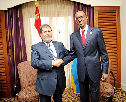 Presidents Kagame and Morsi in Addis Ababa, yesterday. The New Times / Village Urugwiro.