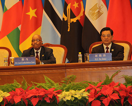 South Africa President Jacob Zuma (C) and Chinese President Hu Jintao at the Africa-China coopertion summit. The New Times / F. Kanyesigye.