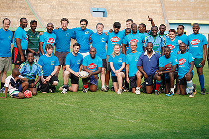 Conservative party members and the Rwanda select side in a group photo after Friday's rugby match. The New Times / Robyn Spector.
