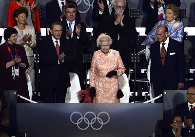 Britain's Queen Elizabeth II arrives during the opening ceremony of the London 2012 Olympic Games.