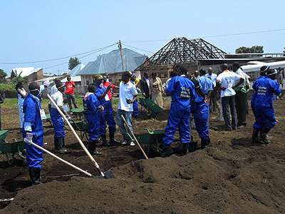 CEPGL youths begin construction of a playground in Rubavu District.  The New Times / Sam Nkurunziza.
