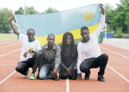 Rwandan athletes, (left to right), Robert Kajuga, Jean Pierre Mvuyekure, Alphonsine Agahozo and Yannick Sekamana pictured at the West Suffolk Athletics Arena.  Apart from Mvuyekure, the other three have already exited from the Olympics after dismal result