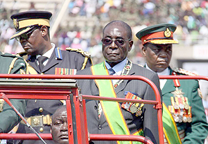President Mugabe addressing thousands of people and members of the Zimbabwe Defense Forces (ZDF) during commemoration to mark the 32nd ZDF Day. Net photo.