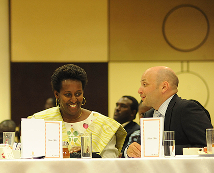 First Lady Jeannette Kagame and Dr James Smith CEO of Aegis White Rose Society at the Gala Dinner. The New Times / Timothy Kisambira