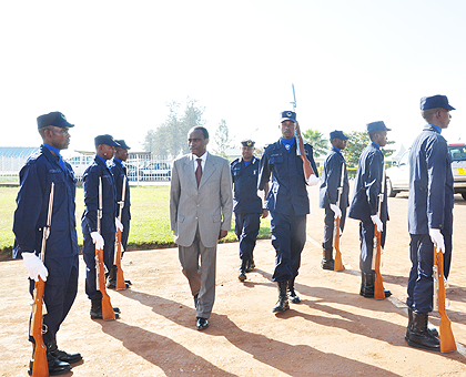 UNAMISS Police Commissioner Fred Yiga inspecting a guard of honour mounted by the Rwanda National Police at the police headquarters yesterday. The New Times/Courtesy.