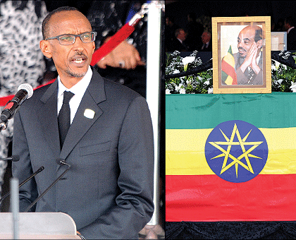 President Kagame addressing mourners at the funeral of the late Ethiopian Prime Minister Meles Zenawi in Addis Ababa yesterday. Right, Melesu2019 portrait placed on his coffin drapped in the Ethiopian flag. More than 20 African Heads of State and Government w