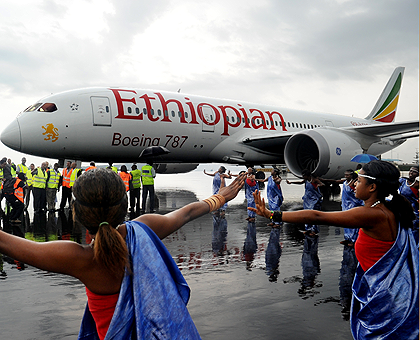 A cultural dance troupe welcoming the new Ethiopian airlines' B 787 Dreamliner at Kigali International airport yesterday.  The Sunday  Times / John Mbanda.