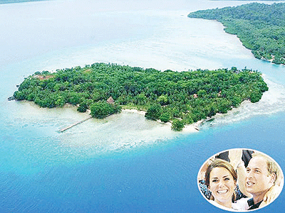 The private island of Tavanipupu and Kate and Prince William (inset) Net photo.