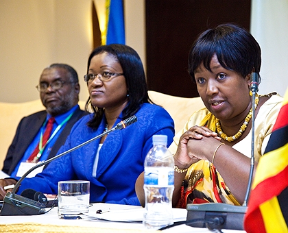 The Minister of Health Dr Agnes Binagwaho (R), EAC Affairs Minister Monique Mukaruliza (C), and Hajji Juma Duni from Zanzibar during the meeting in Kigali . The New Times, T. Kisambira.