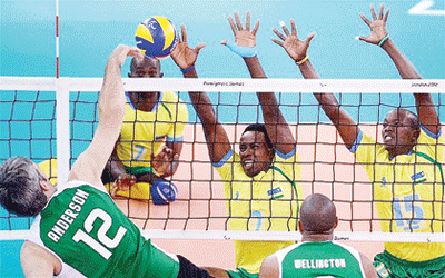 Rwandau2019s sitting volleyball team in action during the 2012 London Paralympics. The New Times/File.
