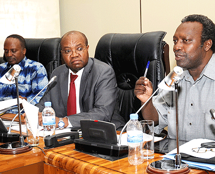 (L-R): NURC Executive Secretary Jean Baptiste Habyalimana, Sen Appolinaire Mushinzimana and MP Juvenal Nkusi during the news briefing yesterday. The New Times / John Mbanda.