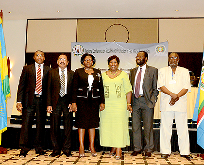 The officials who signed the declaration pose for group photo (L-R), Dr Thaddee Ndikumana (Burundi) Dr Seif Selemani Rashid (Tanzania), Sarah A. Opendi (Uganda), Dr Agnes Binagwaho (Rwanda), Prof. Peter Anyang Nyongo (Kenya) and Juma Duni Haji (Zanzibar).