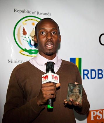 Ara Nashera, a co-director of Crowd Funding Project speaks to the press after his firm was declared the winner of the start up contest. The New Times Timothy Kisambira