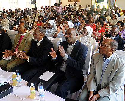 Clerics from various denominations and Christians turned up in large numbers to pay homage to  the late Bishop Aloys Bigirumwami at Centre Christus yesterday. The New Times / John Mbanda.