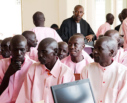 A group of convicts before the High Court yesterday as they petitioned court over their inability to pay reparations to Genocide survivors.  The New Times / Timothy Kisambira.