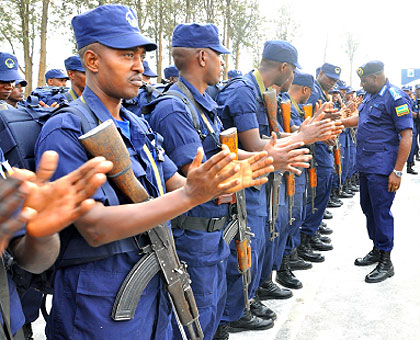 The Inspector General of Police, Emmanuel Gasana, inspecting the officers who will be deployed in Haiti, at police headquarters yesterday. The New Times / Courtesy.