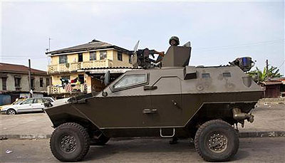 A Nigerian army Armored Personnel Carrier patrols in Lagos, on April 26. Net photo