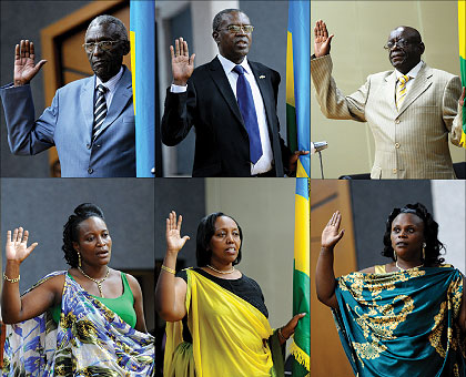Clockwise: Prof. Chrysologue Karangwa, Charles Uyisenga, Zephyrin Kalimba, Jeanne du2019 Arc Mukakalisa, Margaret Nyagahura and Consolu00e9e Uwimana take the oath at Parliamentary Buildings yesterday. The New Times / Timothy Kisambira.