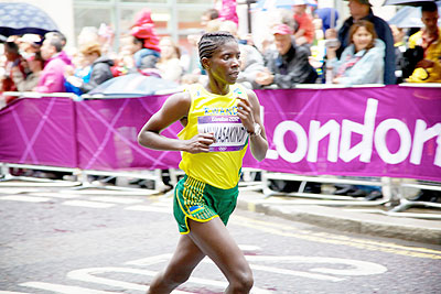 Claudette Mukasakindi competing in the womenu2019s marathon at the 2012 London Olympics. Net photo.