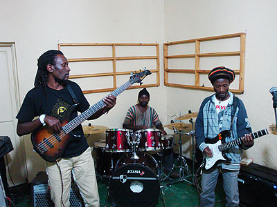 From left to right: Ras Kimeza, Ras Fabrice and Ras Mike in their rehearsal area in Borabora, Nyamirambo. All photos /D. Dnemo.