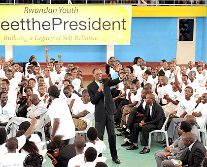 President Kagame interacts with students at the u2018Meet the Presidentu2019 event at Petit Stade in Remera, Kigali yesterday. The New Times /Village Urugwiro.