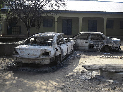 Burnt out cars are seen at the business and skills centre following gun battle and explosions by the Boko Haram sect, in Potiskum, Nigeria, Saturday, Oct. 20. Net photo.