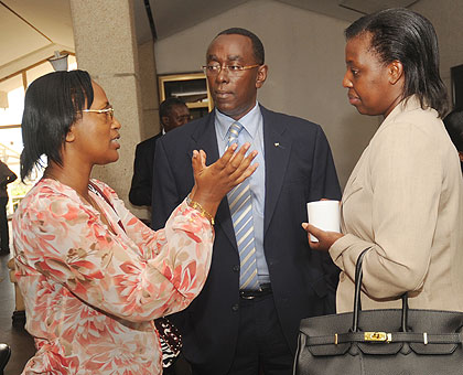 Dr. Anita Asiimwe (R), Deputy Director General, Rwanda Biomedical Centre, with Senators Jeanne d'Arc Gakuba (L) and Bernard Makuza at the meeting at Parliament on Friday. The New Times / J. Mbanda.