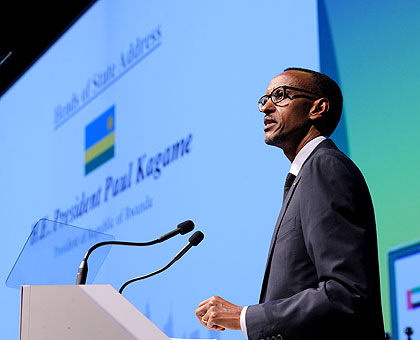 President Kagame addressing delegates at the World Energy Forum in Dubai, United Arab Emirates, yesterday. The New Times / Village Urugwiro.
