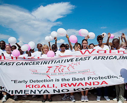 Walk against cancer. Some of the people who participated in the match to support the fight against cancer yesterday. The New Times / T. Kisambira.
