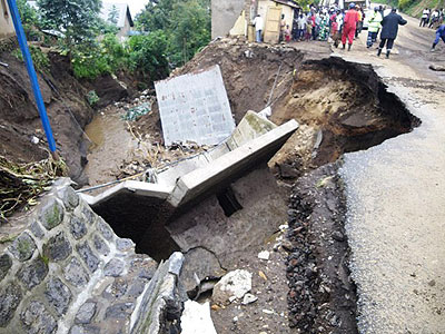 The damaged part of the road leading from Rubavu town town to Bralirwa factory The New Times / Sam Nkurunziza.