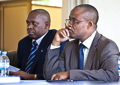 Protais Murayire(R) Mayor of Kirehe district together with Marie Vianney Makombe, the Provinceu2019s Executive Secretary, during the PAC meeting. The New Times / T.Kisambira.