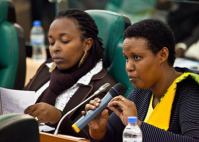 Chief Gender Monitor, Oda Gasinzigwa speaking in senate during the one day consultative meeting on Gender and women economic empowerment. The New Times / T.Kisambira.
