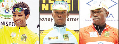 Merhawi Kudus celebrates his Yellow Jersey.Adrien Niyonshuti is Rwandau2019s top rider.Stage five best climber Habiyambere Nidodu00e8me.