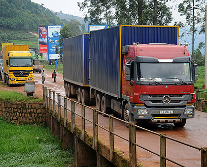 Transit goods trucks entering Rwanda through Gatuna border enroute from Mombasa Port. The New Times / File.