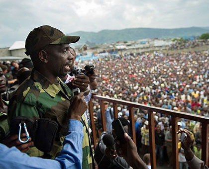 Vianney Kazarama, spokesperson of M23, addressing a crowd at Goma stadium on November 21. Net photo.