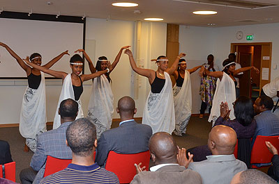 Sweden-based Imanzi cultural troupe entertain guests at the official launch of Agaciro in Sweden.  The New Times / Courtesy.
