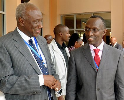 ICTR Prosecutor Boubakar Jallow speaks to Chief Justice Sam Rugege. The former on Tuesday handed over the final case-file to his Rwandan Prosecutor.  The New Times / J. Mbanda.