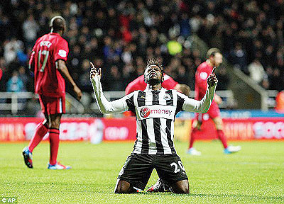 An emotional Gael Bigirimana thanks the Lord after scoring his first for Newcastle.
