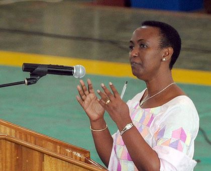 The late Gender minister Inyumba speaking at a past function. The New Times / File.