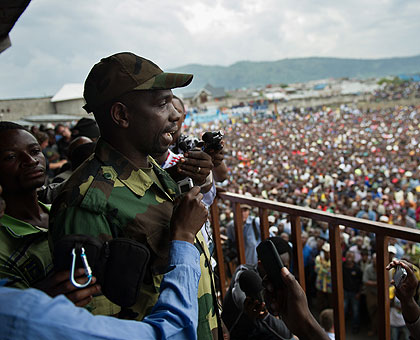 M23 spokersperson Vianney Kazarama addressing a crowd in Goma last month. Net photo.