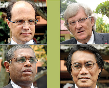 Clockwise: David Angell of Canada, Michel Flesch of France, Thambirajav Raveenthiran of Sri Lanka, and Ittiporn Boonpracong of the Kingdom of Thailand. The New Times / Village Urugwiro.