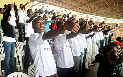 Youths at Nyamirambo stadium during the recent closure of the youth week.They  have been urged to actively participate in the public life of the country. File.