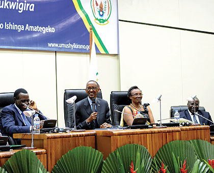 L-R: President Kagame (C), with Senate president Dr Jean Damascu00e8ne Ntawukuliryayo (L), Speaker Rose Mukantabana (2nd R) and Premier Habumuremyi at the 10th Umushyikirano at the Parliamentary Buildings yesterday.  The New Times/Village Urugwiro.