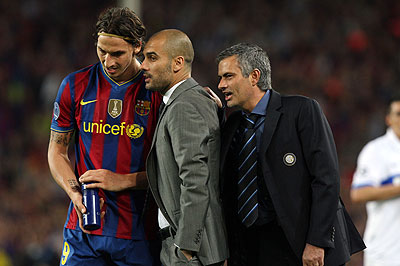 Then Inter Milanu2019s coach Mourinho and coach of Barcelona Pep Guardiola and Zlatan Ibrahimovic. Net photo.