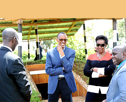 President Paul Kagame, First Lady Jeannette, Prime Minister Pierre Damien Habumuremyi (R) and Director General, Institute of National Museums of Rwanda, Alphonse Umuliisa (L), in Gicumbi yesterday. The New Times / Village Urugwiro.