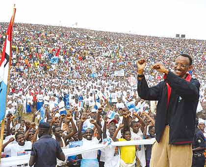 RPF Chairman Paul Kagame during the 2010 presidential campaigns in Gicumbi District.  The New Times / File.