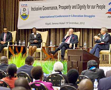 (L-R) Panelists Amb. Berhane Gebre Christos, State minister for Foreign Affairs, Ethiopia; Minister Mishikiwabo; and Loius Michel, Belgian minister of state and member of the European Parliament, at the conference yesterday. The New Times / T.Kisambira.