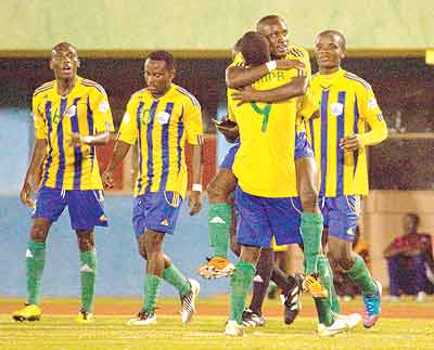 Amavubi players celebrate a goal against Namibia in an international friendly recently. The game ended in a 2-2 draw. The New Times / File.