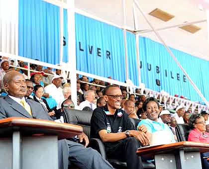 L-R: President Yoweri Museveni, President Paul Kagame and the First Lady, Mrs Jeannette Kagame, at the RPF Silver Jubilee celebrations at Amahoro stadium yesterday. The New Times /Village Urugwiro.
